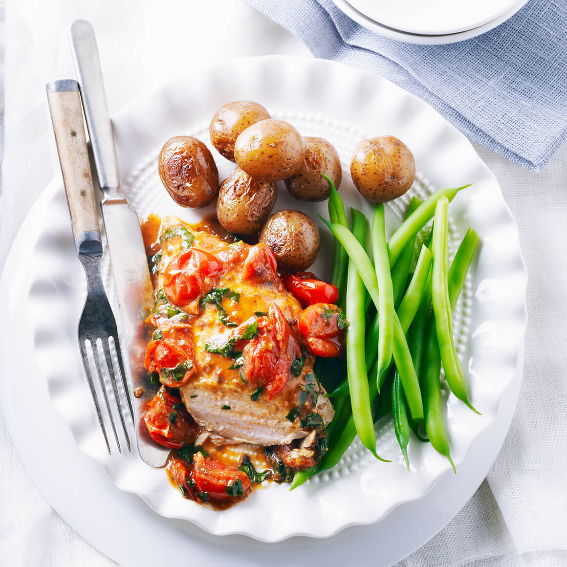 Chicken in Anchovy Butter with Basil Tomatoes | Chicken.ca